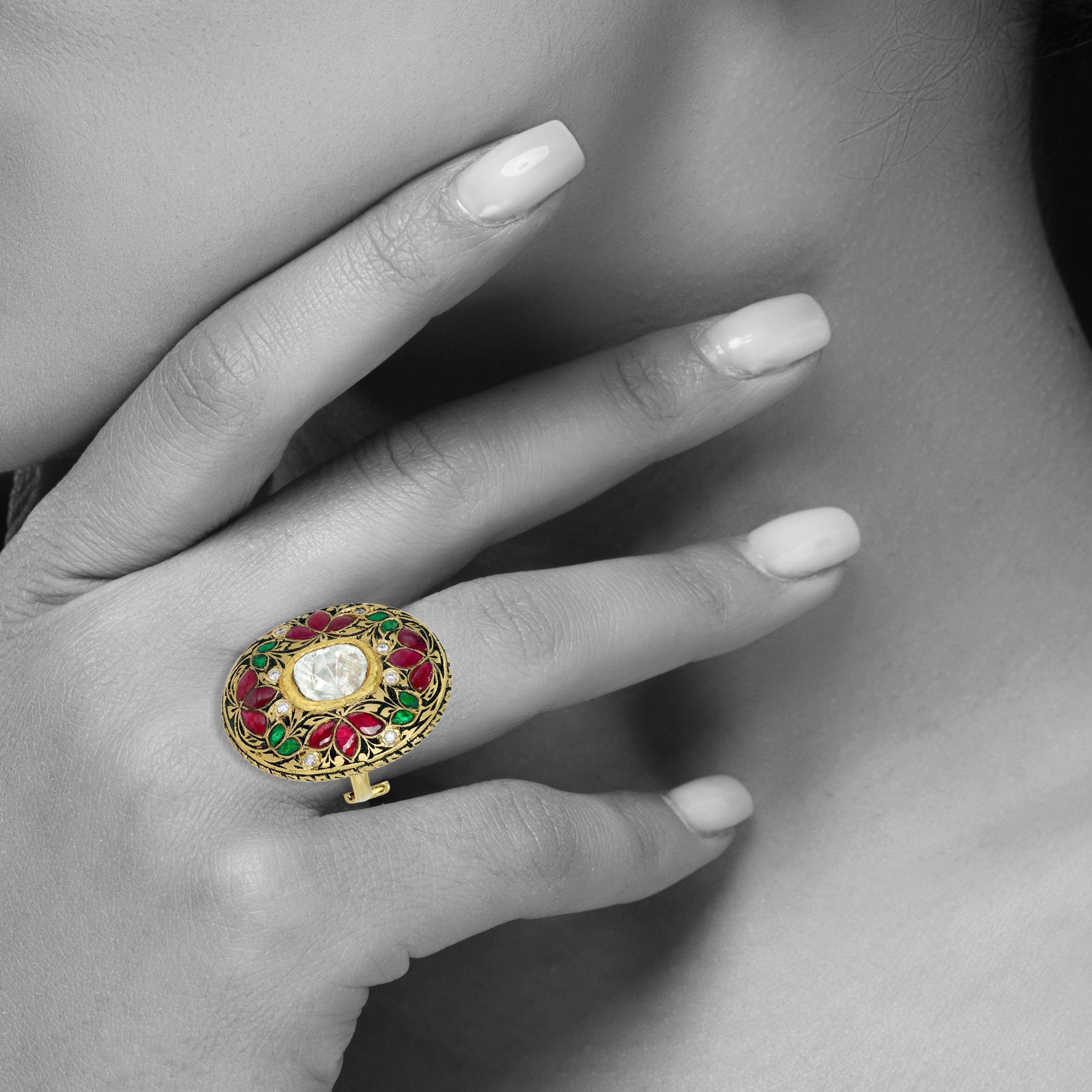 Polki Ring with Red and Green Talaf Floral Design